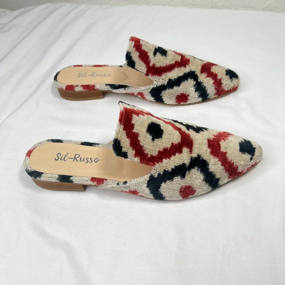 Sil-Russo Ikat Tapestry Mules Flats Slides Geometric Ivory Red Black 38 US 7-7.5 - Picture 9 of 10